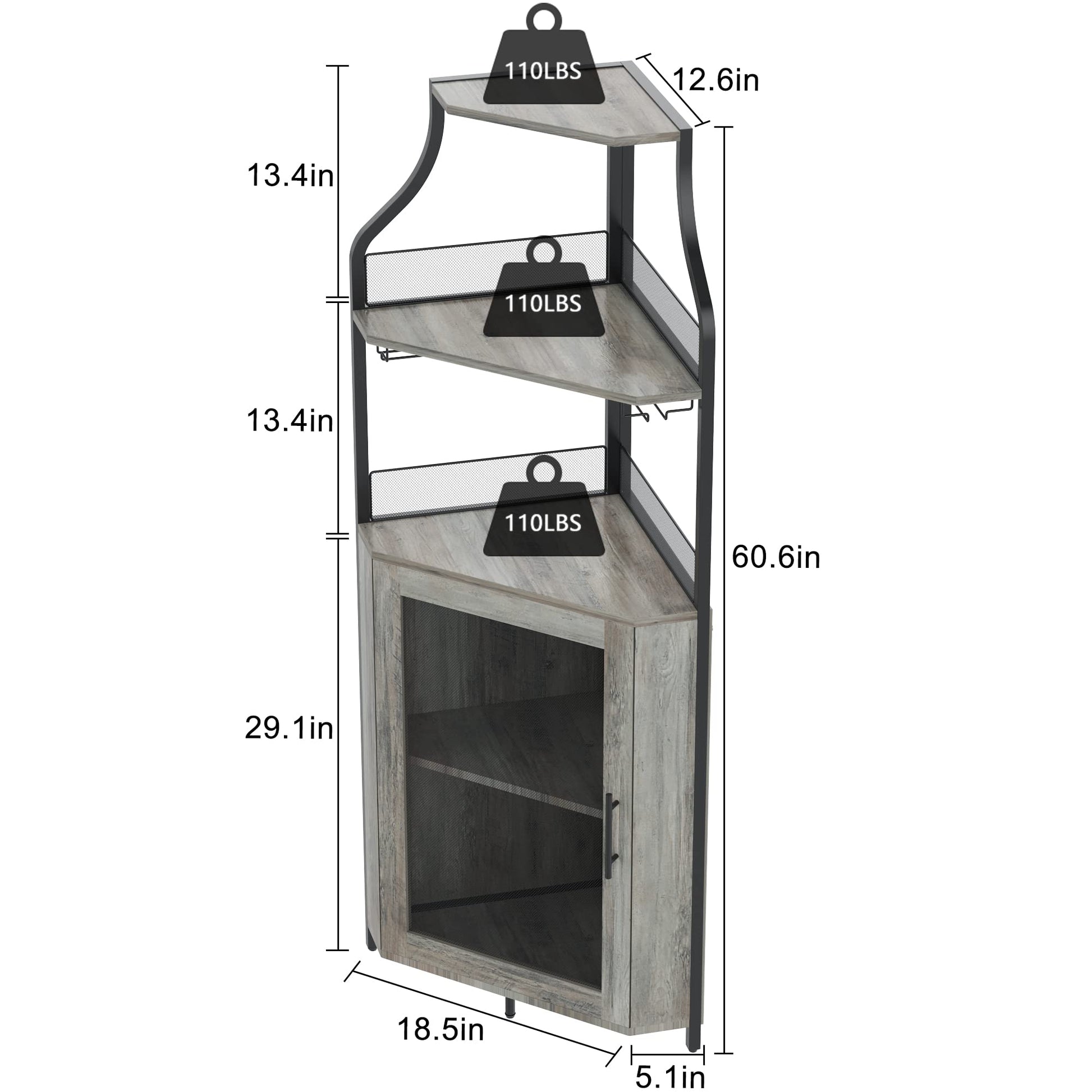 Garvee Meuble de rangement d'angle à 5 niveaux, étagères réglables, MDF et métal, porte coulissante de style grange, gris, pour cuisine et salle à manger, 47 × 45 × 154 cm