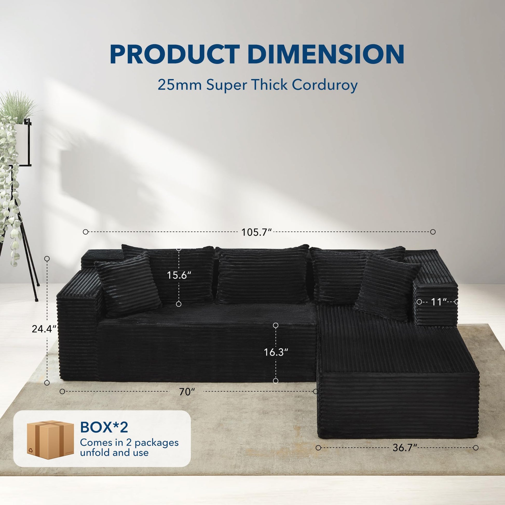 Canapé d'angle modulaire Garvee Cloud 106" en forme de L, noir, grand format, convertible, pour salon, assise profonde, confortable et moelleuse, aucun assemblage requis