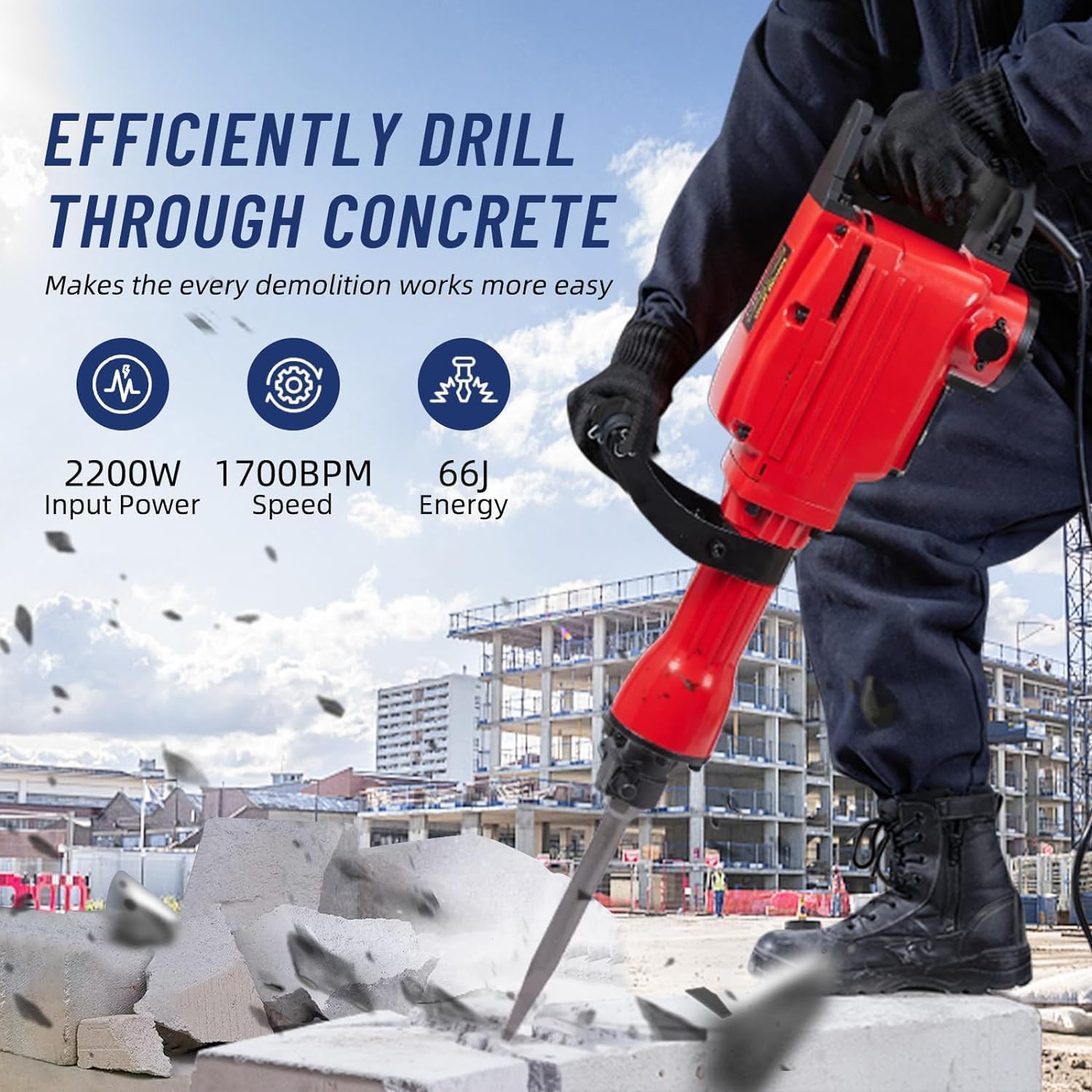 Marteau de démolition Garvee 2200W – Coffret de 6 marteaux burineurs 65A avec burins pour béton et maçonnerie