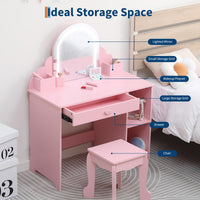 Garvee Coiffeuse Enfant Rose avec Miroir Lumineux et Tabouret, Grand Rangement, LED Réglable, MDF Sûr, pour Filles 3-9 Ans