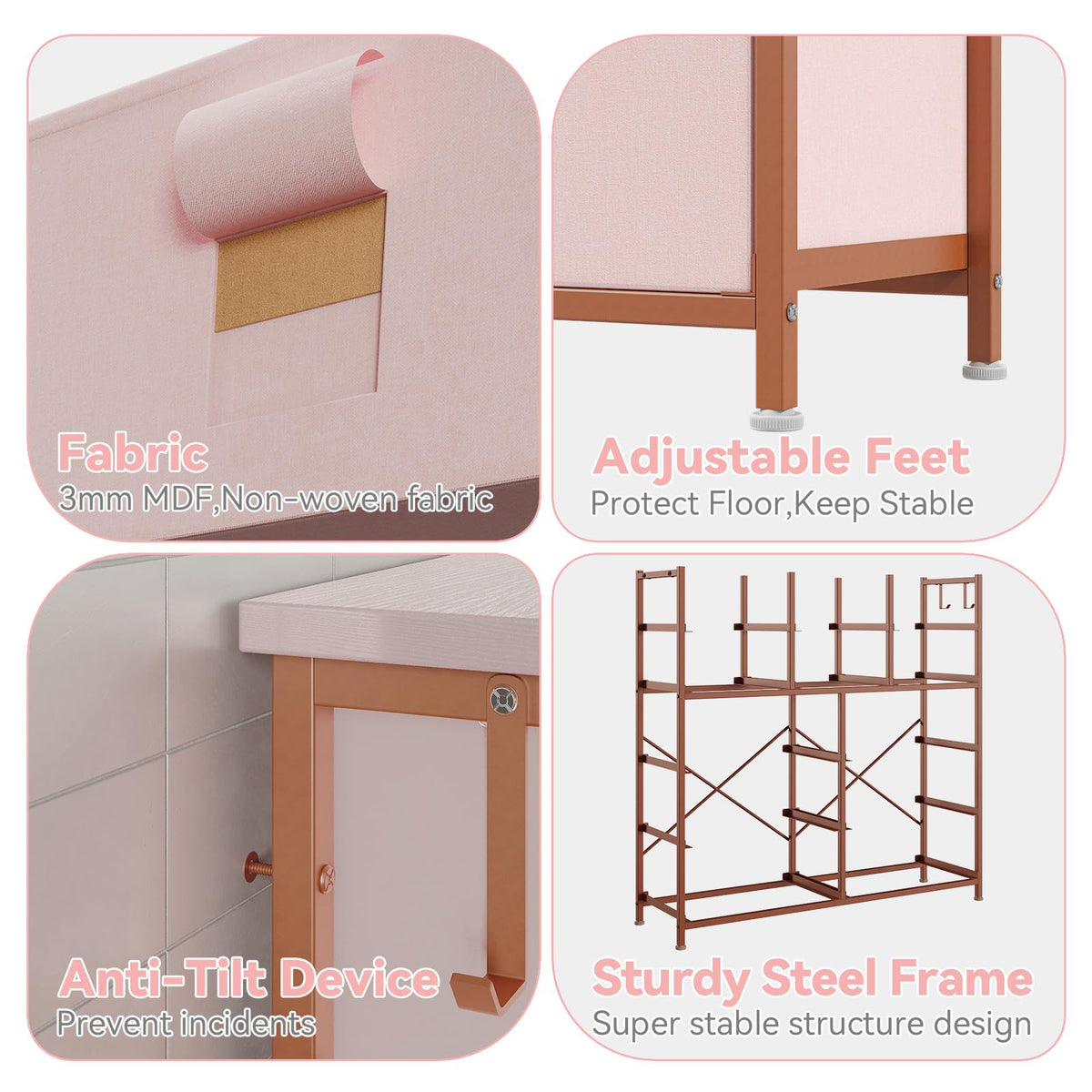 Garvee commode à 12 tiroirs, en tissu, structure en métal, plateau en bois avec poches latérales et crochets, pour la chambre, rose