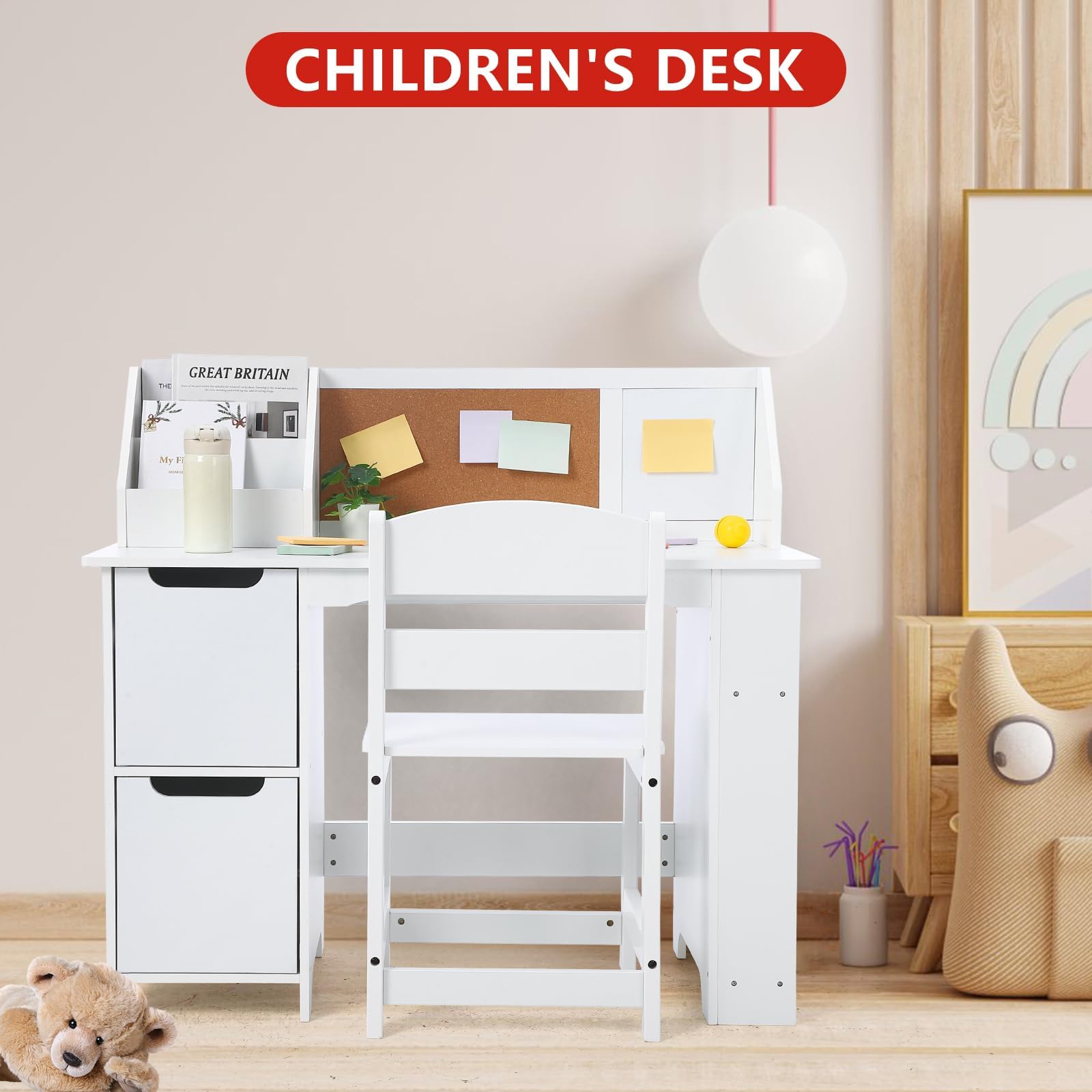 Ensemble bureau en bois Garvee pour enfants avec rangement, tableau d'affichage et chaise ergonomique pour la maison et l'école, blanc