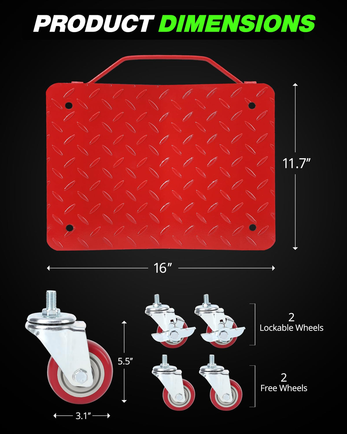 Ensemble de 2 chariots de manutention Garvee, capacité de charge de 1360 kg (3000 lb), acier au carbone, plaque antidérapante, roues pivotantes à 360°, 40,6 cm x 33 cm (16 po x 13 po), rouge, pour atelier et garage