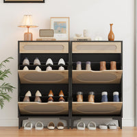 Meuble à chaussures Garvee en rotin avec 2 tiroirs pliants et 1 tiroir coulissant pour entrée et couloir, 3 étagères réglables, noir, robuste et respirant