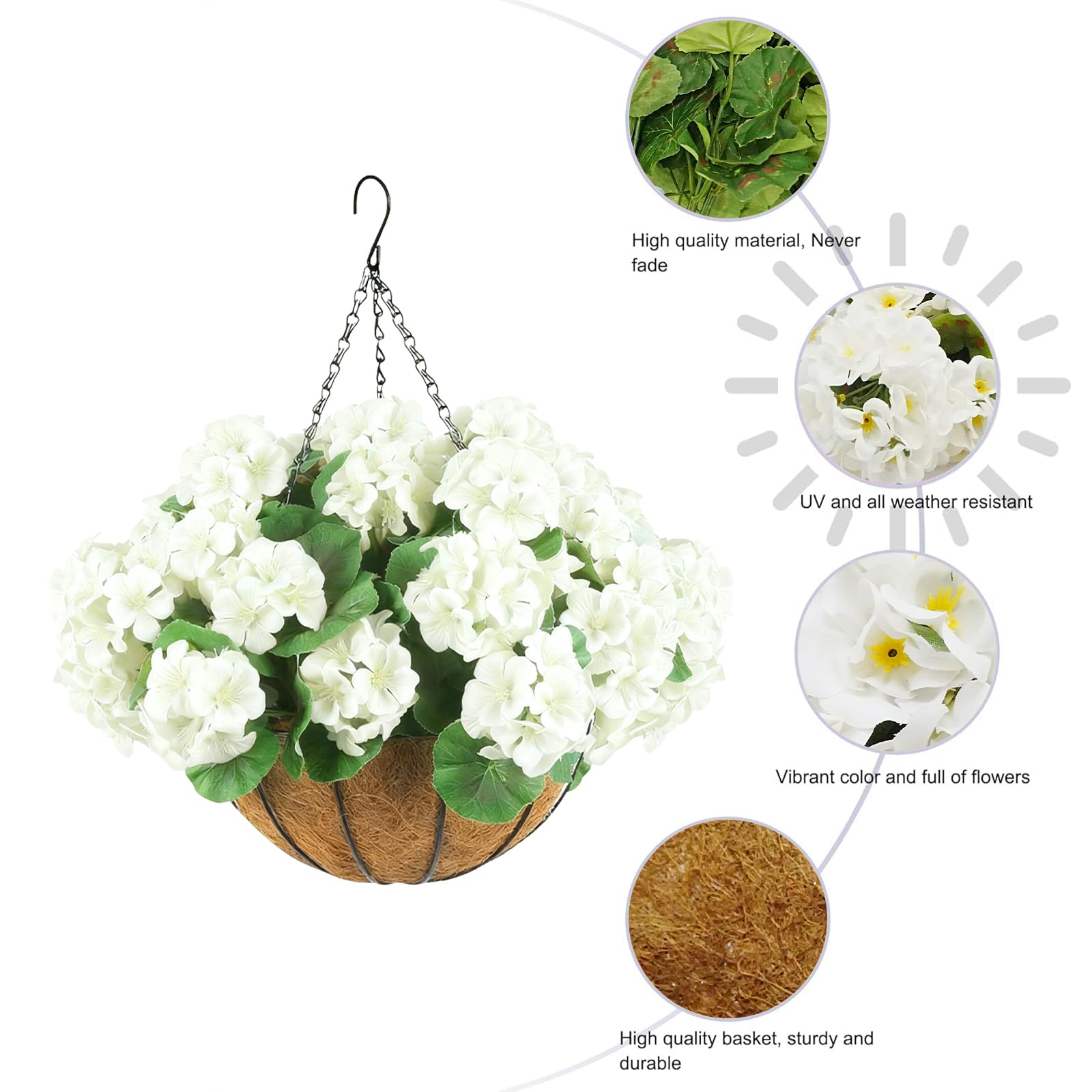 Garvee, lot de 2 paniers suspendus de géraniums artificiels blancs résistants aux intempéries pour jardin, terrasse et Noël