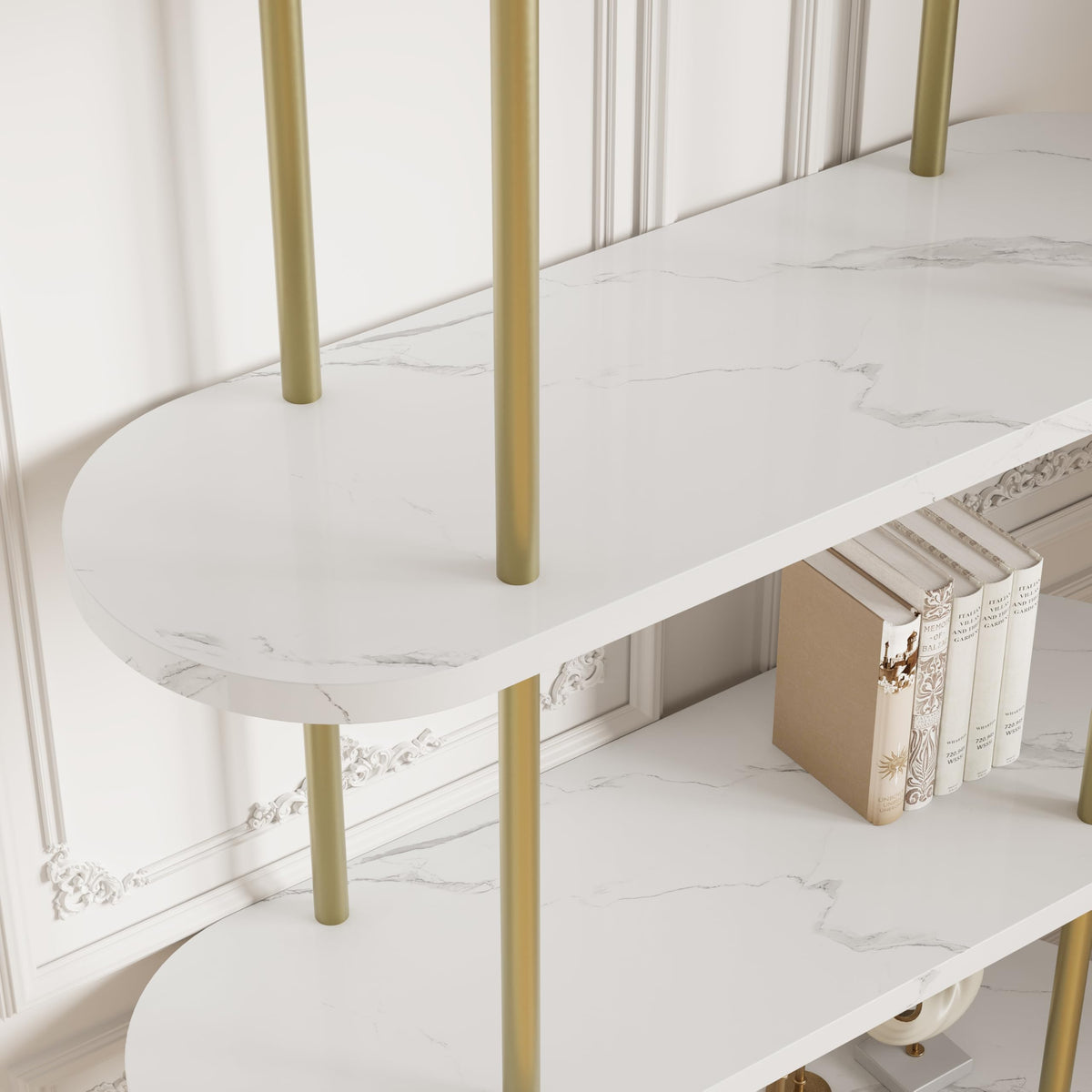 Garvee Étagère arquée 180,3cmà 5 niveaux, structure en métal, finition marbre doré et blanc, pour le salon