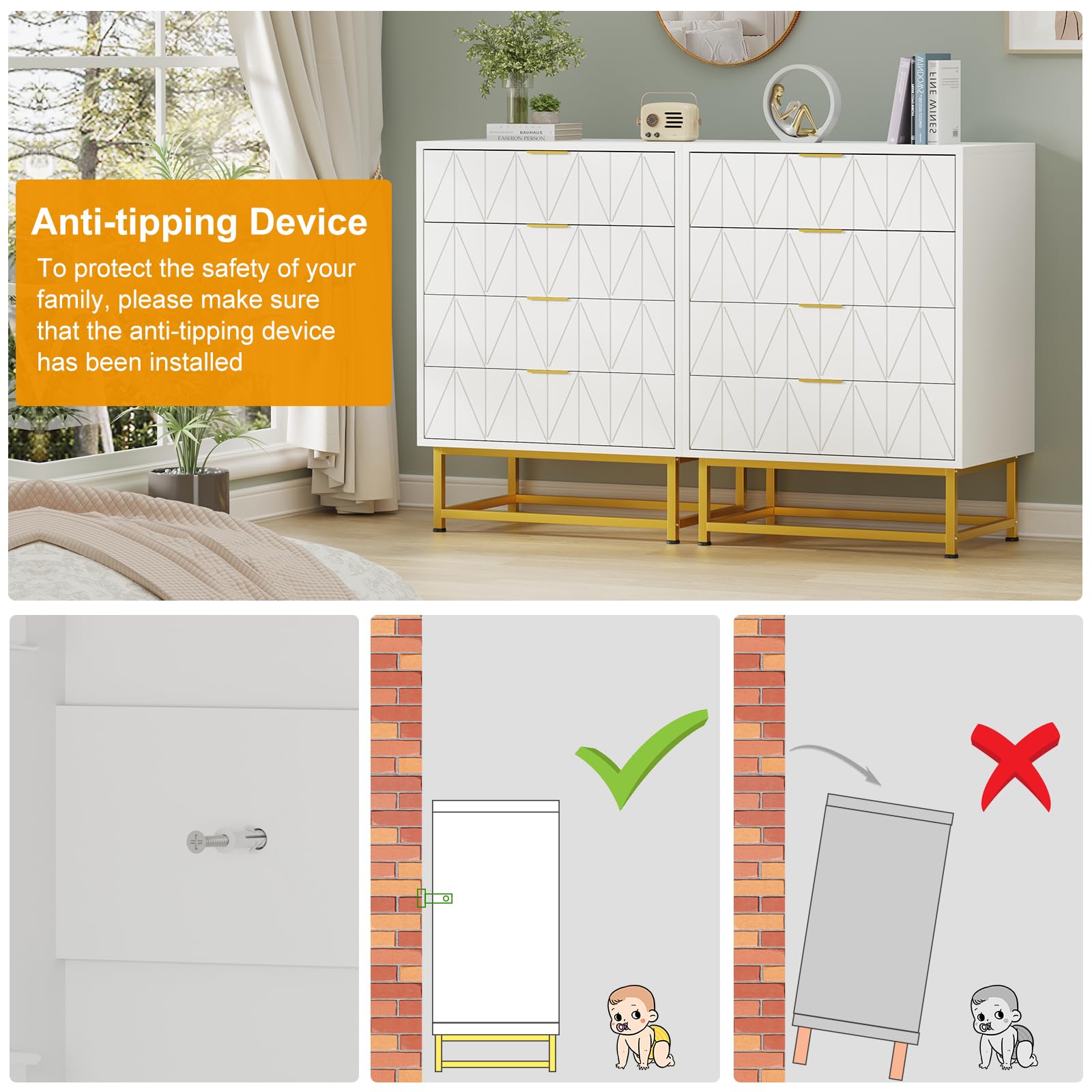 Garvee commode à 4 tiroirs avec grand espace de rangement, en MDF, pieds en métal doré, idéale pour la chambre et l'entrée, robuste et résistante aux rayures