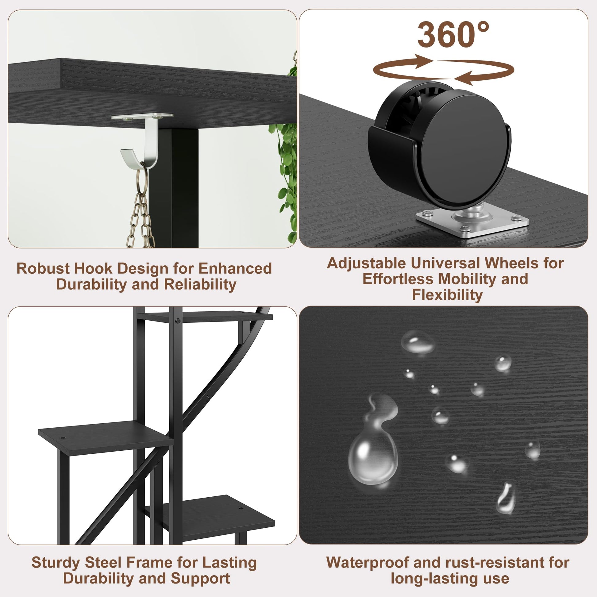 Ensemble de 2 supports à plantes Garvee, métal et bois, support à fleurs en forme de demi-cœur pour l'intérieur et l'extérieur, jardin, balcon, terrasse, noir