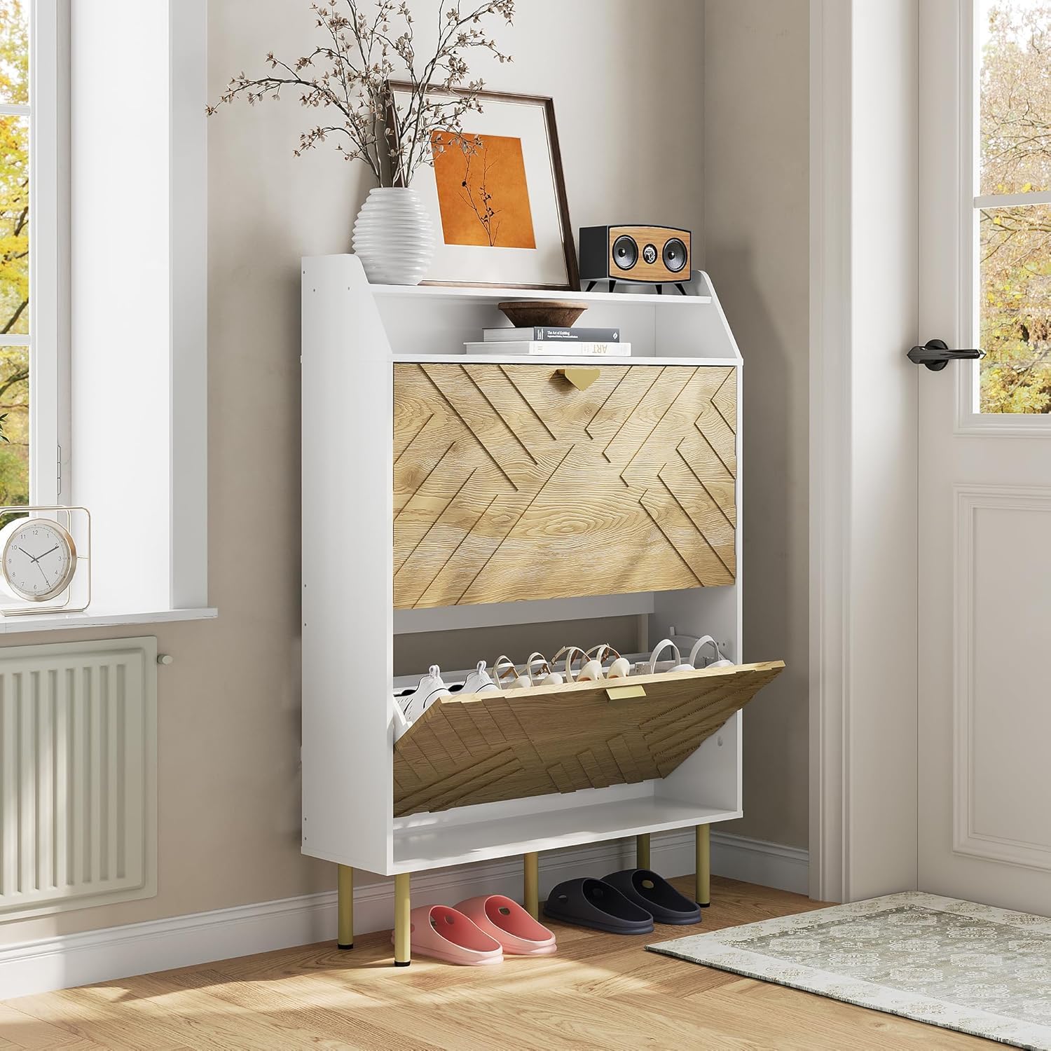 Meuble à chaussures Garvee avec 2 tiroirs abattants, organisateur de chaussures étroit pour couloir et entrée, bois blanc, autoportant, robuste, gain de place
