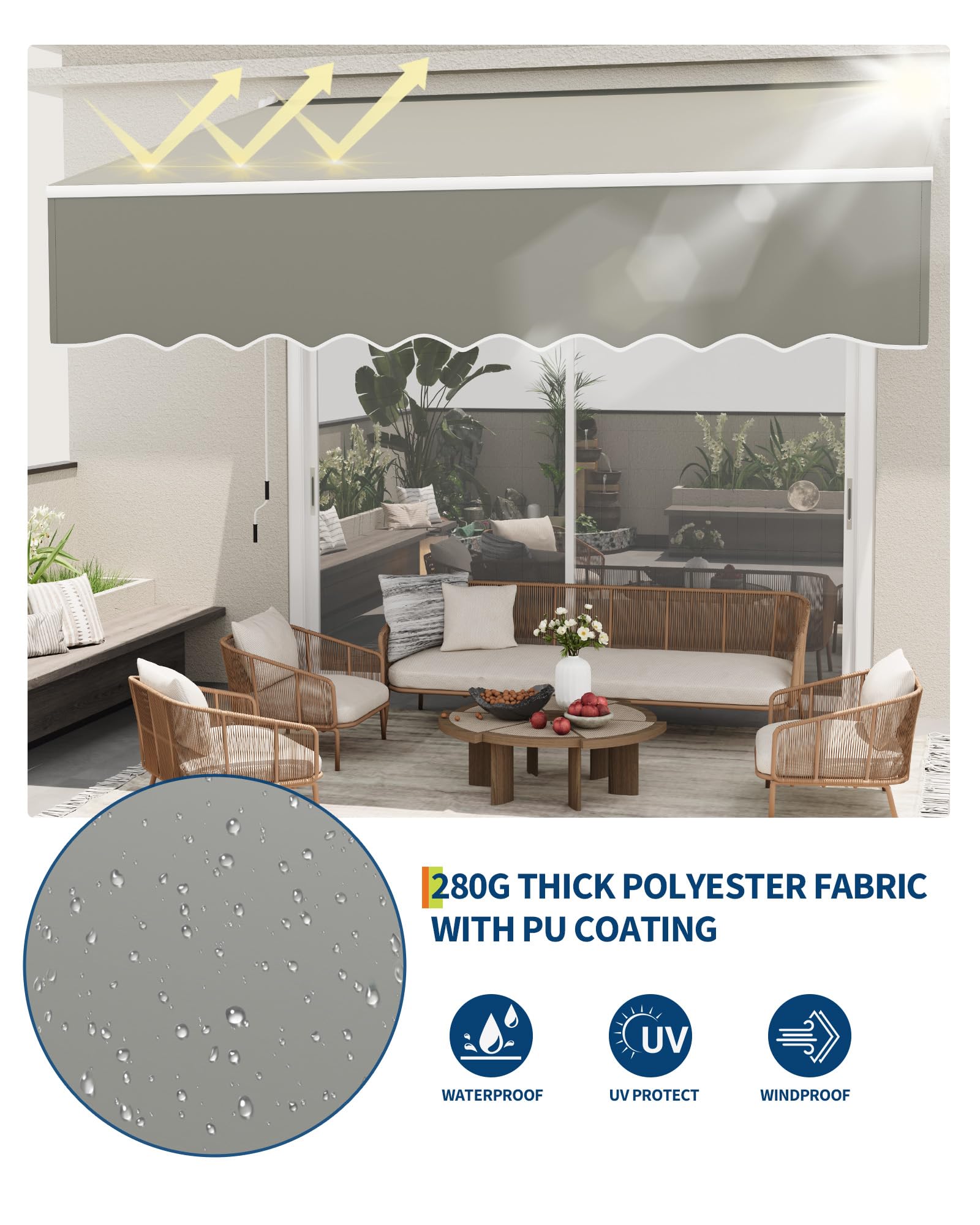 Store banne rétractable Garvee 3 m x 2,4 m avec cadre en aluminium pour terrasse et balcon, gris, imperméable, protection UV