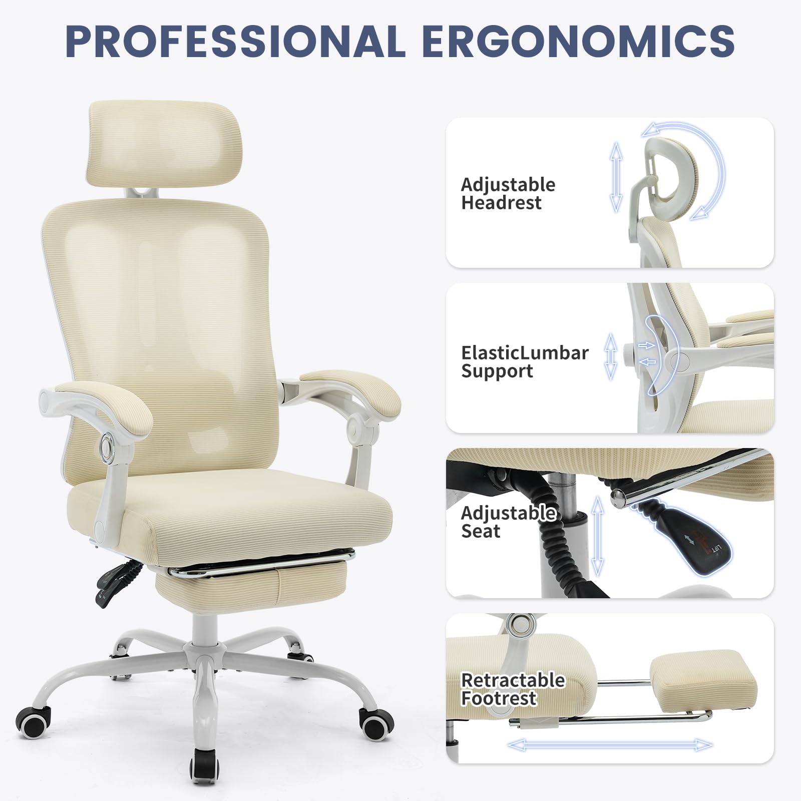 Garvee Chaise de bureau ergonomique en maille avec soutien lombaire et repose-pieds réglables, pour le bureau et le gaming. Blanche