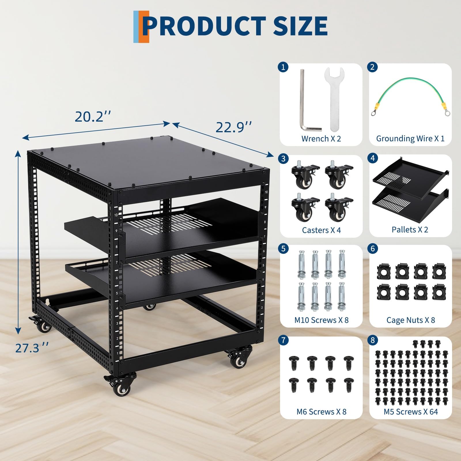 Baie serveur Garvee 12U à châssis ouvert, profondeur réglable de 58 à 102 cm, en acier avec 4 roulettes verrouillables, pour équipements informatiques et audiovisuels