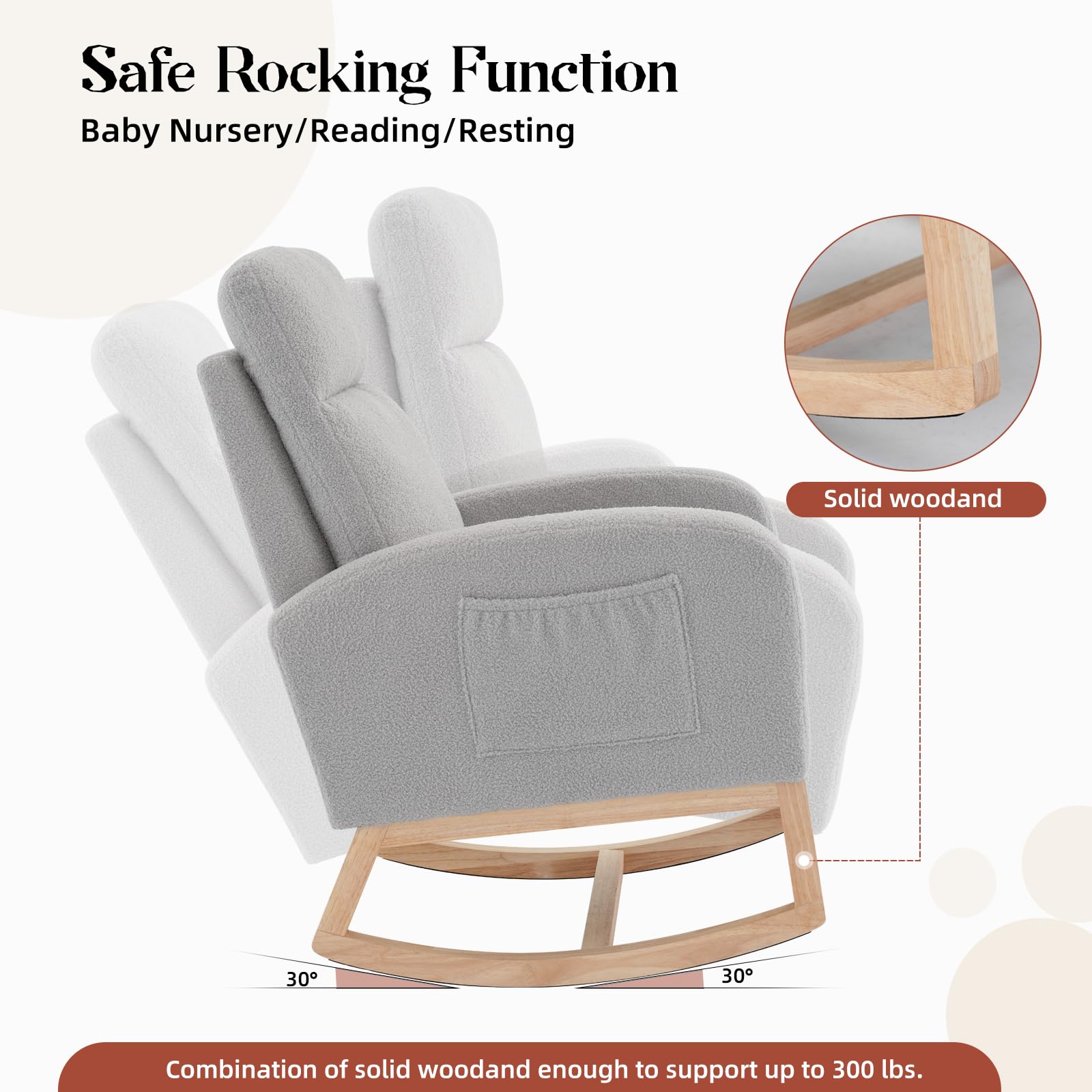 Garvee fauteuil à bascule en tissu Teddy avec dossier haut de 66 cm, ergonomique et stable, pour chambre d'enfant et salon