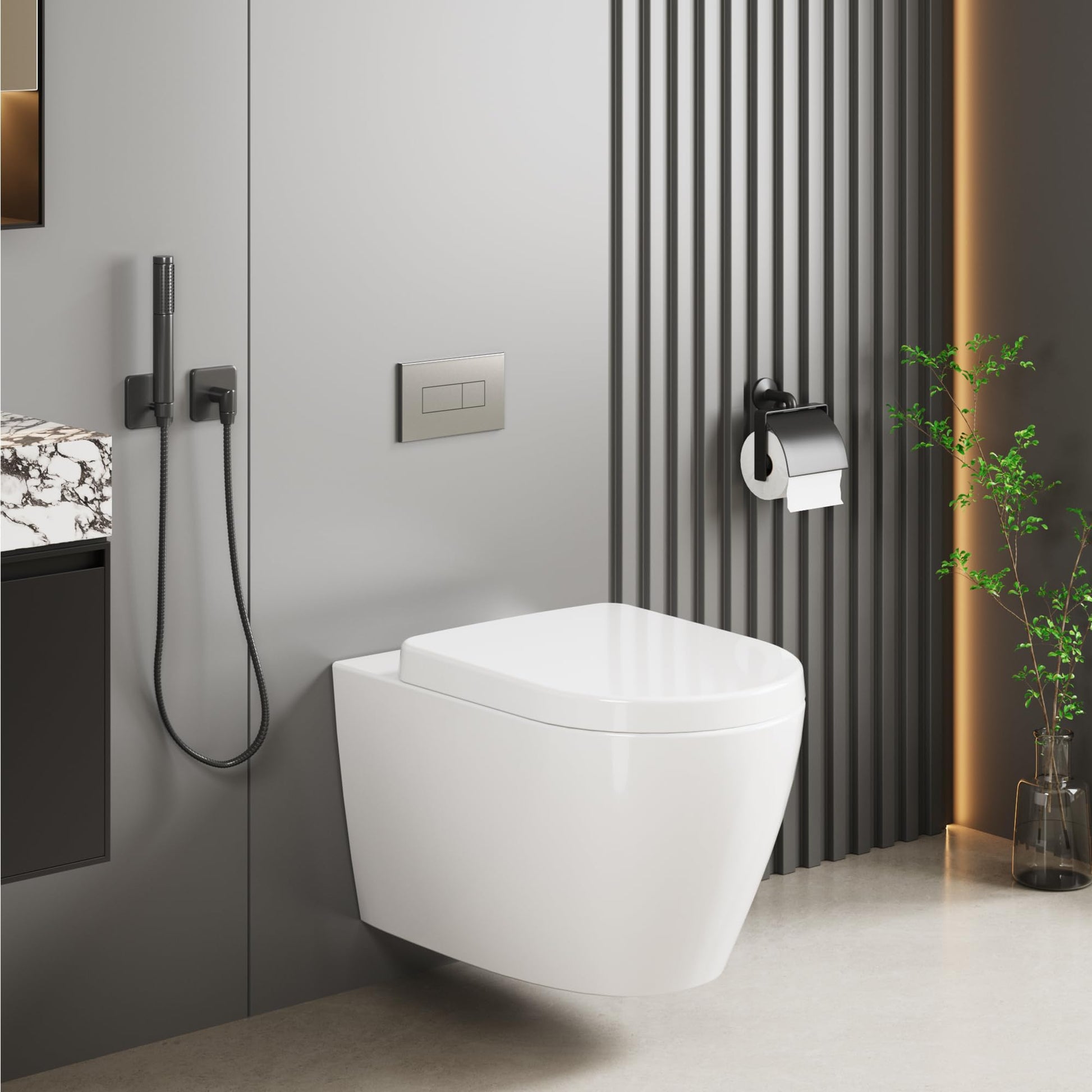 GARVEE WC Sospeso Senza Bordi WC suspendu en céramique forme D 55,5 cm blanc couvercle automatique