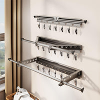 Étendoir à linge mural pliable Garvee, en acier inoxydable, gain de place, pour balcon et terrasse, longueur télescopique 103,2–151,2 cm, gris