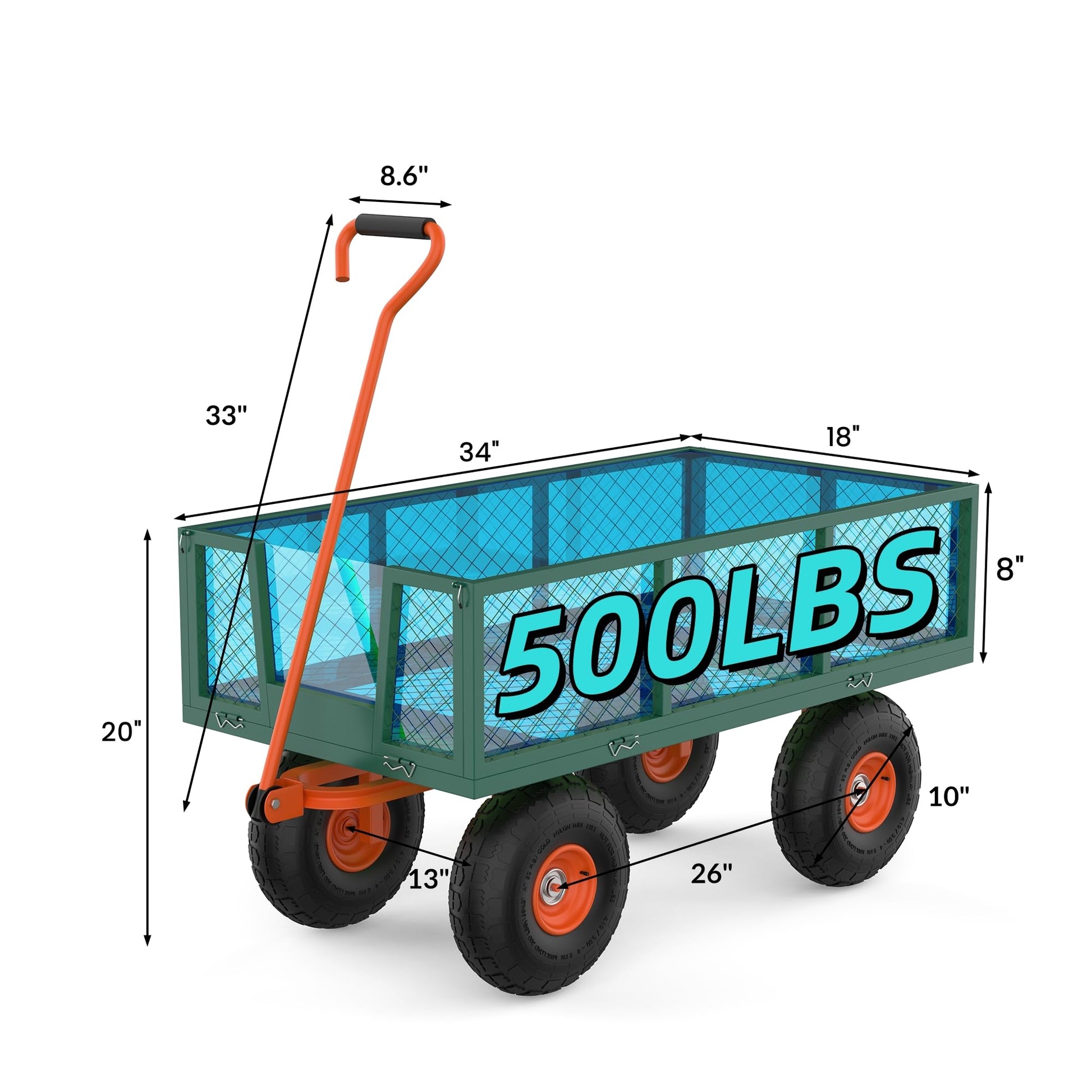 Garvee Chariot de jardin en acier robuste, charge 227 kg, ridelles amovibles, pneus tout-terrain de 25 cm et poignée pivotante, vert et orange