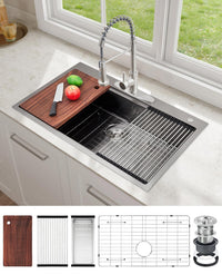 Évier à encastrer Garvee en acier inoxydable gris argenté, 76,2 x 45,7 cm, profondeur 22,9 cm – 1 cuve avec ensemble d'accessoires pour cuisine et bar