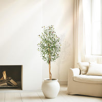 Olivier artificiel Garvee de 1,5 m avec branches ajustables, en soie artificielle, pot blanc pour salon et bureau, vert réaliste