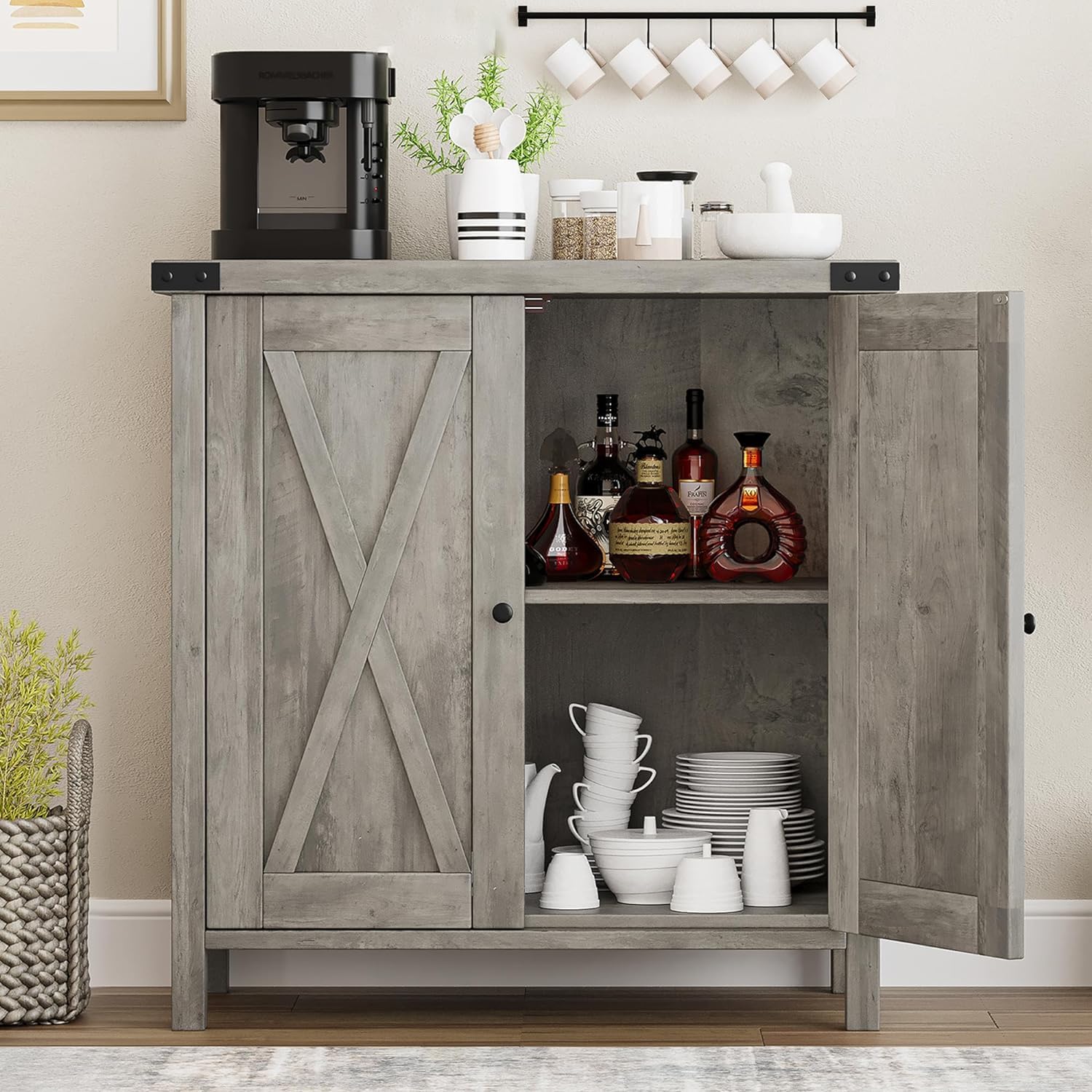 Garvee petit meuble de rangement, style campagne, avec 2 portes et étagères réglables, 76 × 40 × 80 cm, gris rustique, idéal pour le salon et la salle à manger