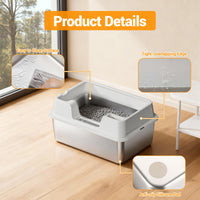 Bac à litière Garvee grand format en acier inoxydable 36 L, semi-fermé, avec tapis antidérapant et pelle à litière, idéal pour les foyers avec plusieurs chats, dimensions : 60 x 40 x 27 cm, blanc naturel