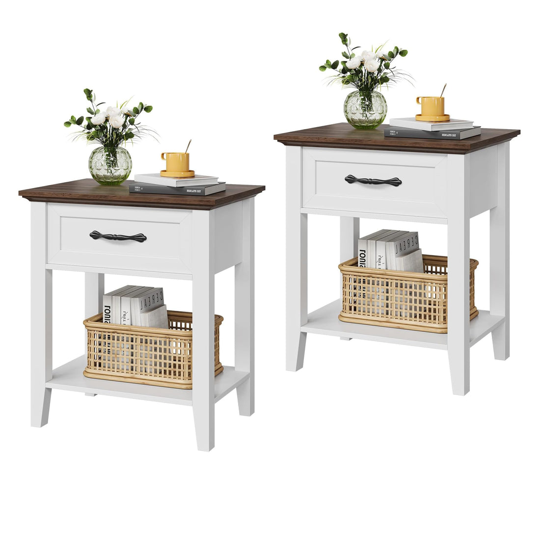 Table d'appoint Garvee avec tiroir, 2 étagères, bois, design moderne, blanc, pour salon et chambre