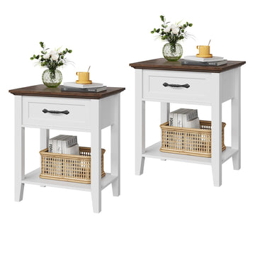 Table d'appoint Garvee avec tiroir, 2 étagères, bois, design moderne, blanc, pour salon et chambre