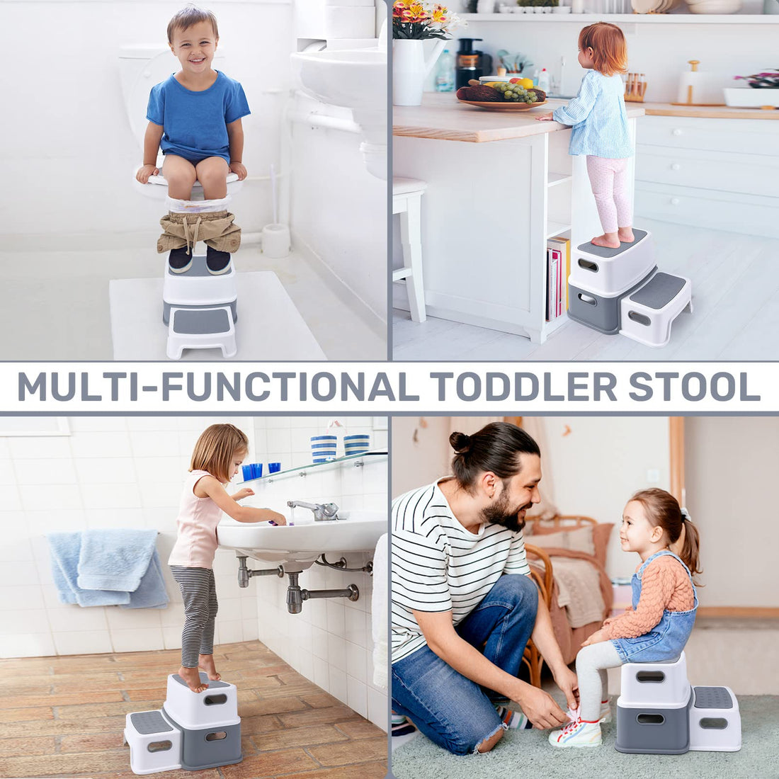Garvee tabouret enfant, 2 marches, antidérapant, sûr, sans bpa, léger, portable, pour salle de bain, cuisine, apprentissage, 115 kg, gris