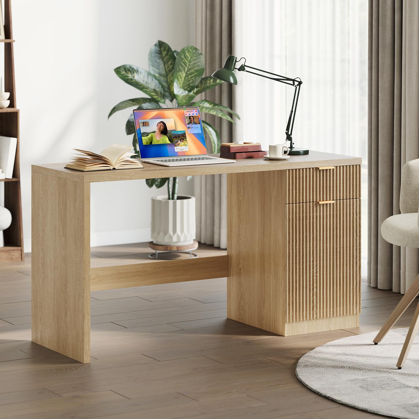 Bureau de direction Garvee 60" avec rangement, bureau moderne pour bureau à domicile, MDF de 1,18" (3 cm), chêne naturel, salon et bureau