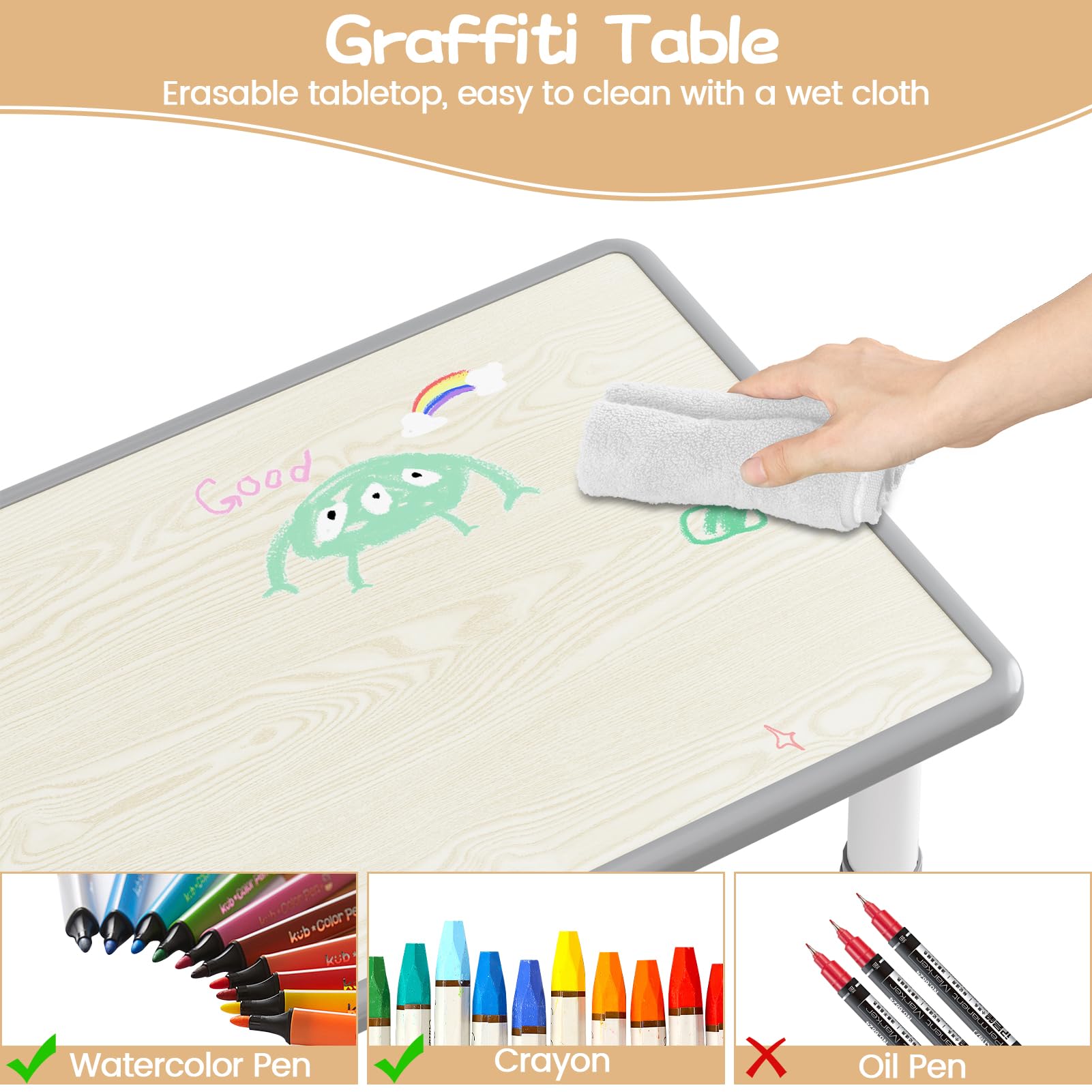 Ensemble table et 4 chaises pour enfants Garvee, hauteur réglable, plateau à motifs graffiti, pieds antidérapants, idéal pour la maison et la maternelle.