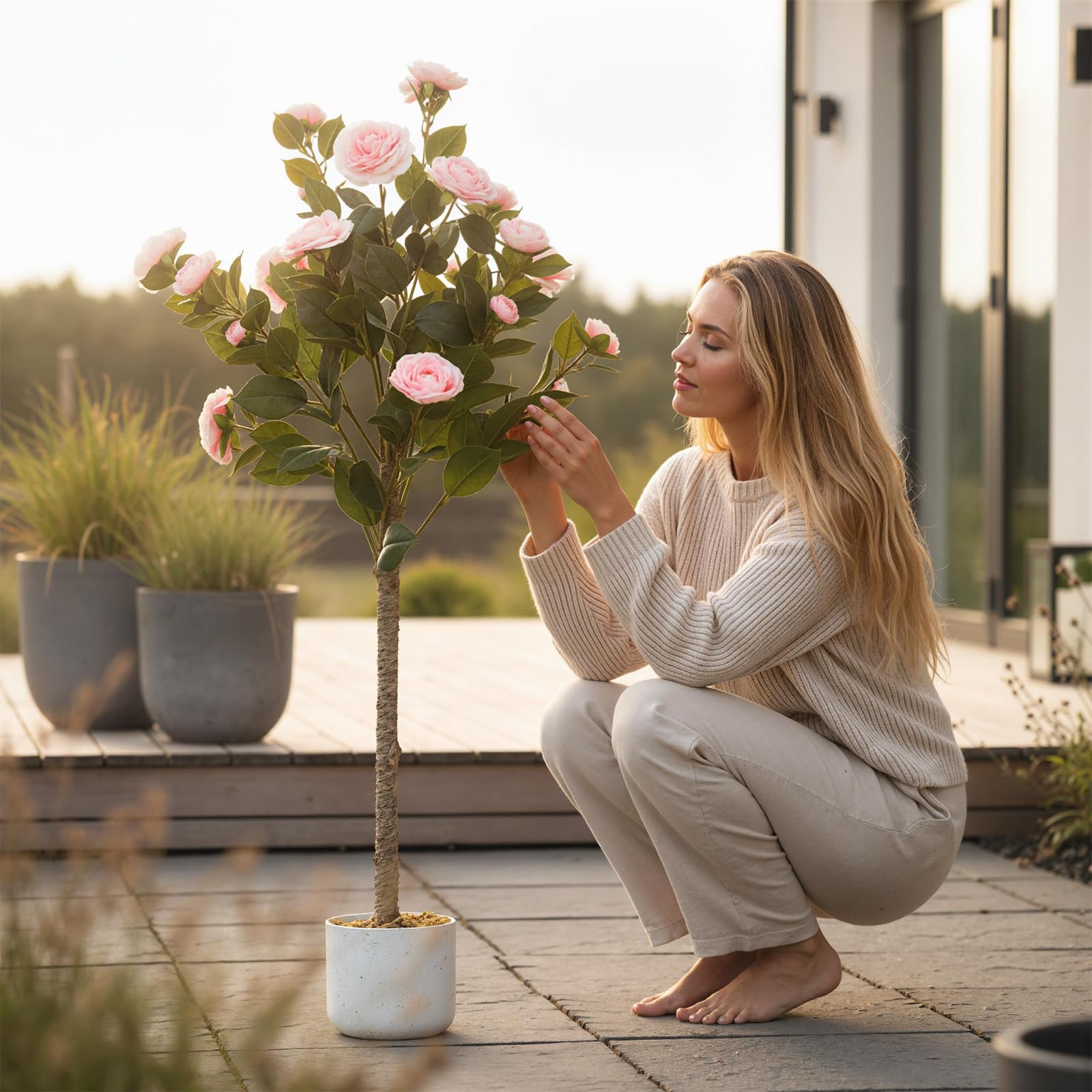 Camélia artificiel Garvee de 1,10 m avec 20 fleurs roses, pot blanc, pour bureau et maison