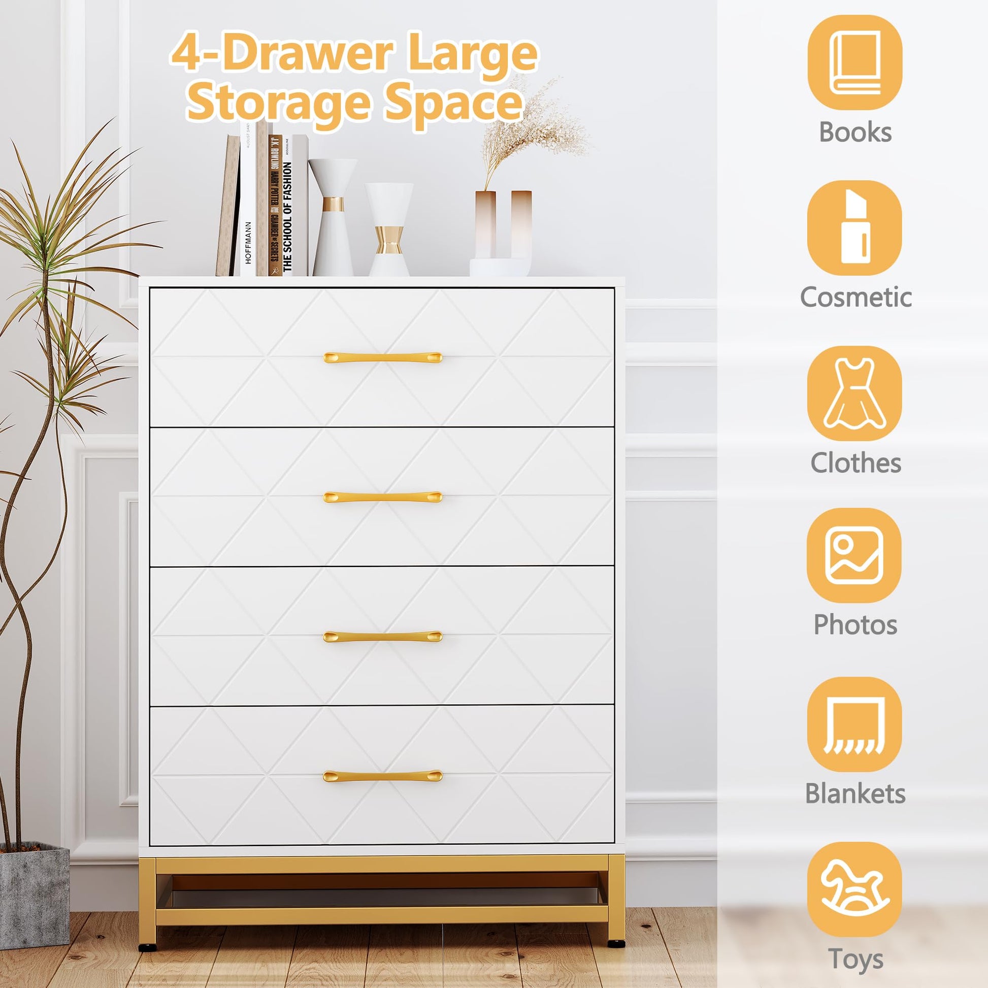 Commode Garvee pour chambre à coucher, 4 tiroirs, style moderne, poignées en métal, structure en MDF, blanche, robuste, grand espace de rangement, idéale pour le bureau ou le salon.