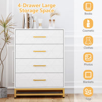 Commode Garvee pour chambre à coucher, 4 tiroirs, style moderne, poignées en métal, structure en MDF, blanche, robuste, grand espace de rangement, idéale pour le bureau ou le salon.