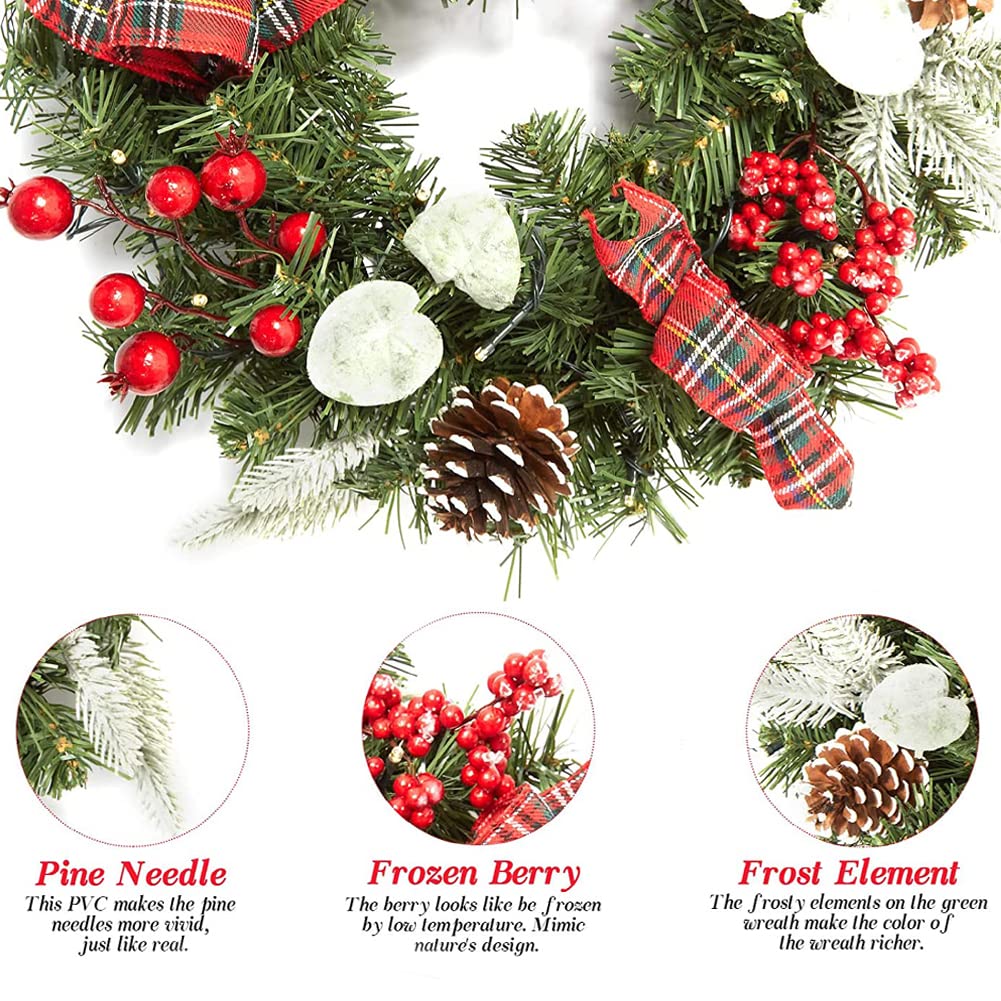 Couronne de Noël GARVEE 45 cm avec 15 lumières LED, pommes de pin et baies pour décorer portes et fenêtres, matériaux naturels, style champêtre festif