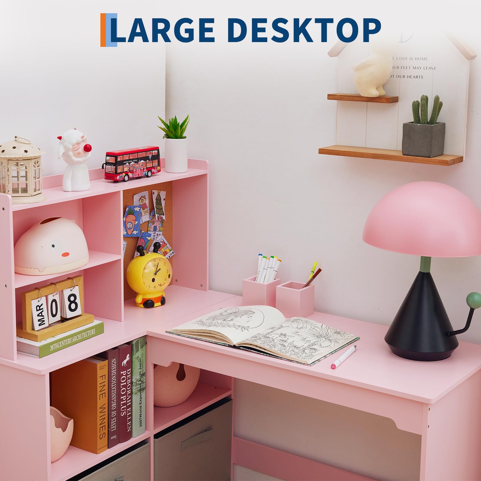 Ensemble bureau d'angle pour enfant Garvee avec tableau d'affichage et rangement, en forme de L, pour chambre d'enfant, rose, 101,6 x 106,7 x 78,7 cm