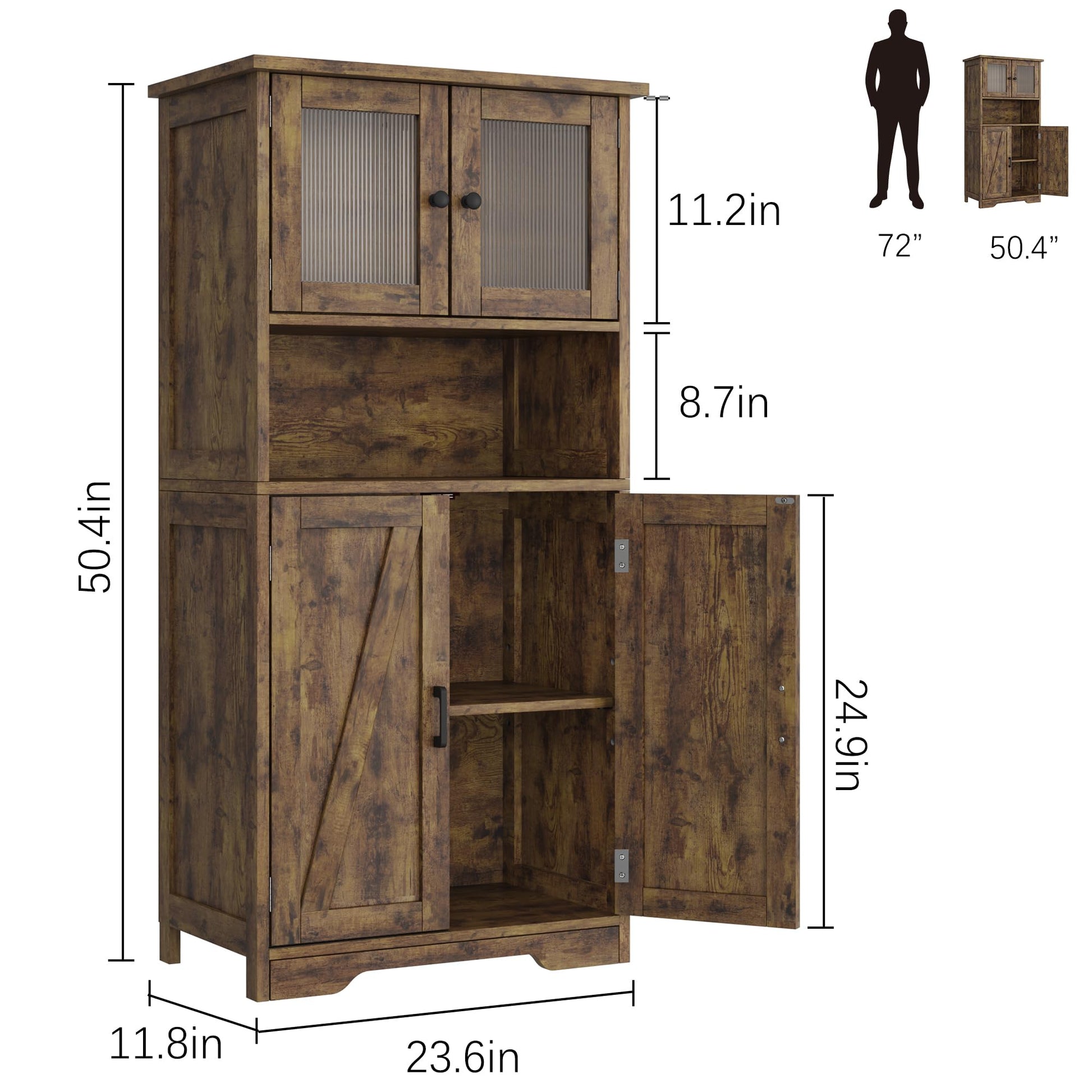 Meuble de salle de bain autoportant Garvee avec portes vitrées, étagères réglables, design rustique, marron, usage polyvalent