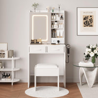 GARVEE Coiffeuse avec miroir LED et tabouret rembourré, 3 modes d’éclairage, charge intégrée et grands rangements, idéale pour chambre, blanc