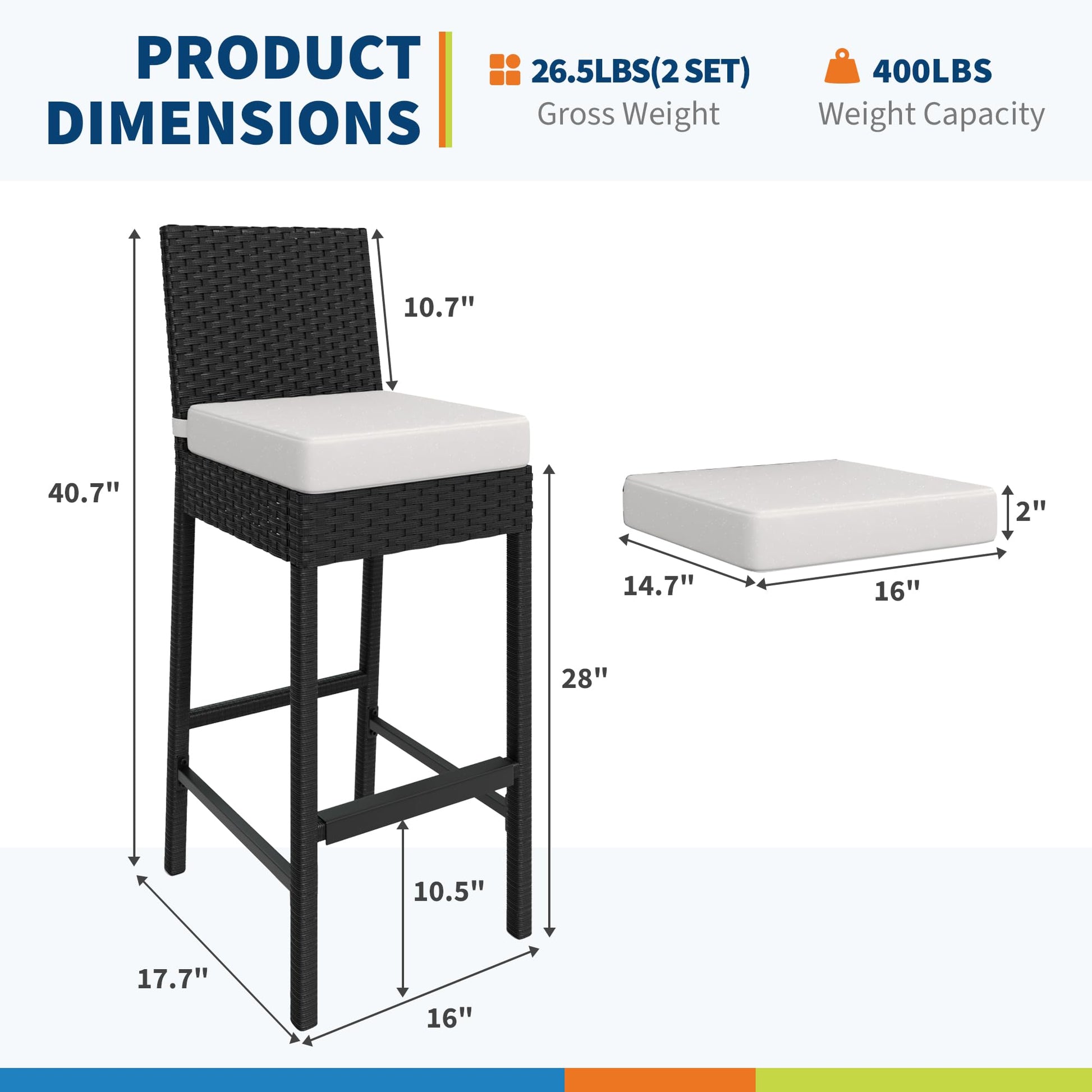 Ensemble de 2 tabourets de bar d'extérieur Garvee en résine tressée - Ergonomiques et résistants aux intempéries - Structure en rotin PE et acier - Hauteur d'assise : 71 cm - Pour jardin et terrasse - Noir
