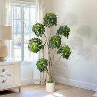 Arbre artificiel Schefflera parasol Garvee de 1,5 m avec 5 troncs, pot de fleurs blanc en PE pour la maison et le bureau
