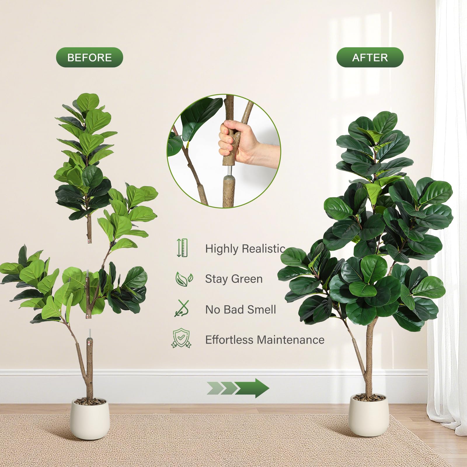 Ficus lyrata artificiel Garvee de 1,5 m avec pot blanc pour la décoration du salon, PVC+PE, base stable en ciment, 77 feuilles réalistes