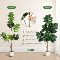 Ficus lyrata artificiel Garvee de 1,5 m avec pot blanc pour la décoration du salon, PVC+PE, base stable en ciment, 77 feuilles réalistes