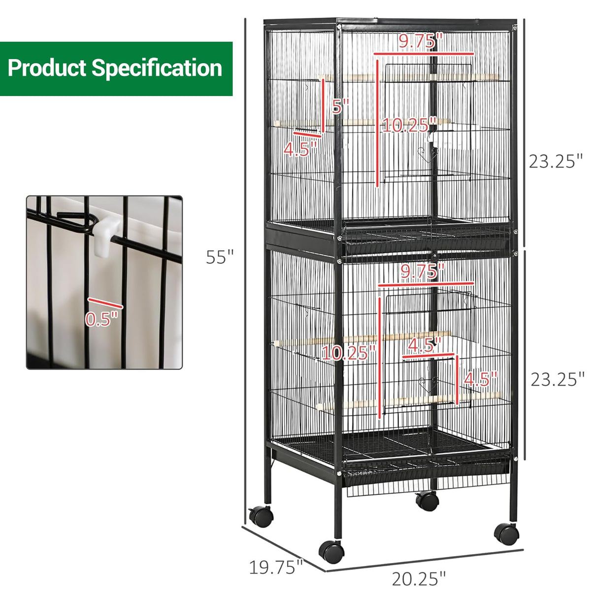 Cage à oiseaux Garvee 55" avec perchoirs en bois, métal, 4 portes, roulettes, pour oiseaux de petite et moyenne taille, usage domestique et vétérinaire, grande taille, noire