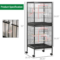 Cage à oiseaux Garvee 55" avec perchoirs en bois, métal, 4 portes, roulettes, pour oiseaux de petite et moyenne taille, usage domestique et vétérinaire, grande taille, noire