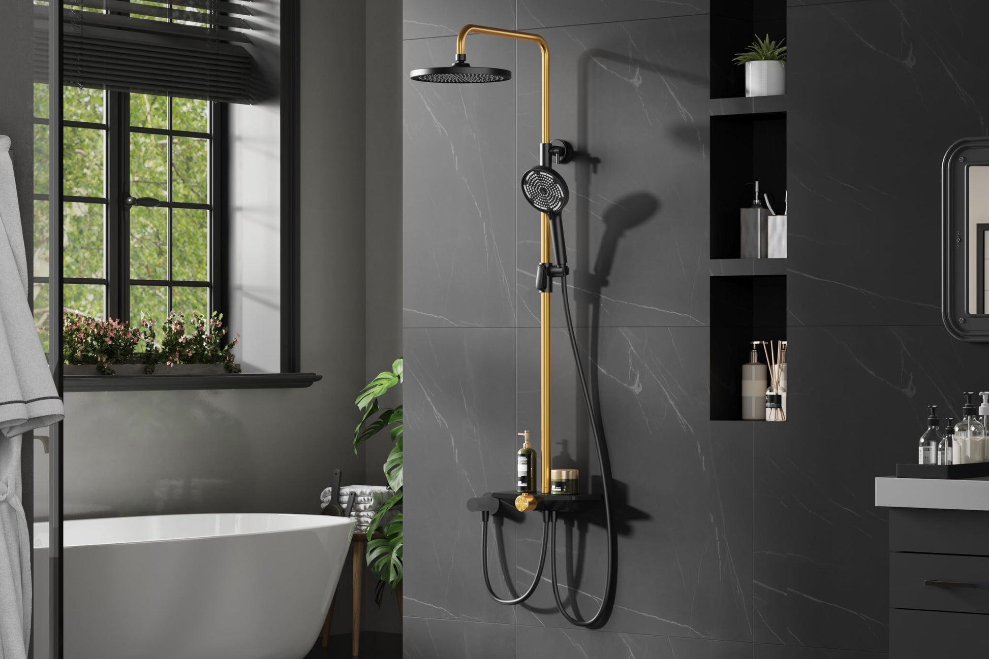 Garvee Colonne de douche réglable 3 sections en acier inoxydable 201, pommeau 24,5 cm, douchette 3 jets, design concave en TPR, doré et noir