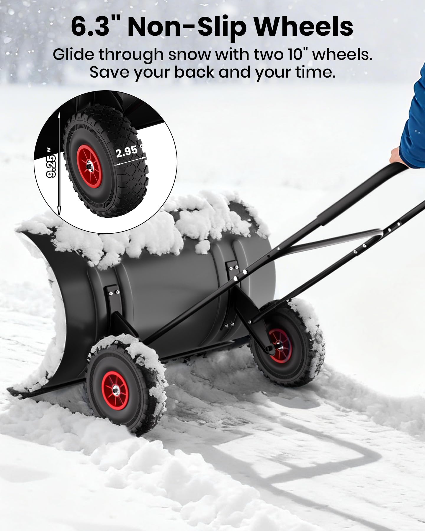 Pelle à neige Garvee 29 po en acier robuste avec roues, lame et poignée réglables en hauteur, ergonomique, durable, pour allées, noire