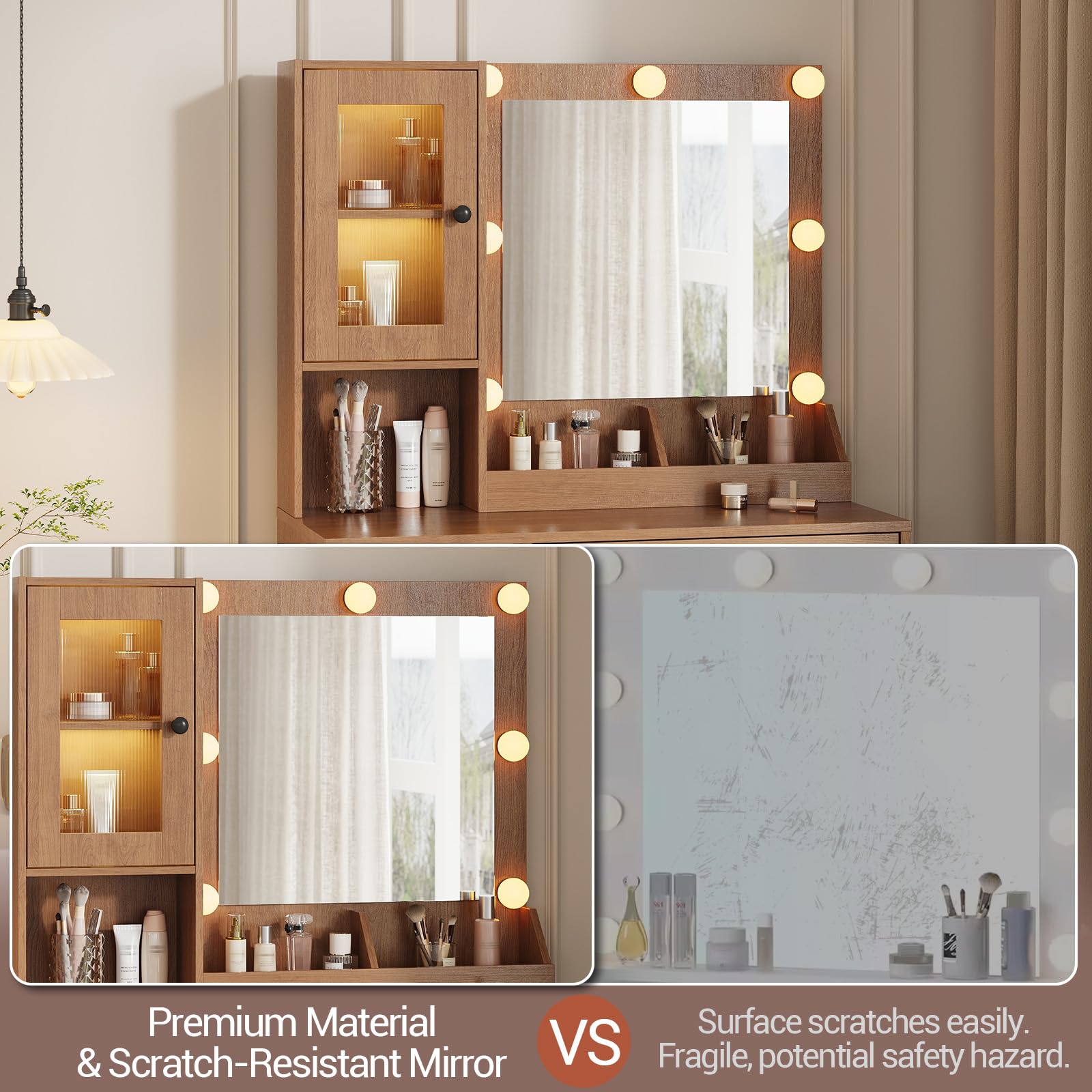Coiffeuse Garvee avec miroir et éclairage, MDF robuste, éclairage à intensité variable, ports USB, chambre, blanche