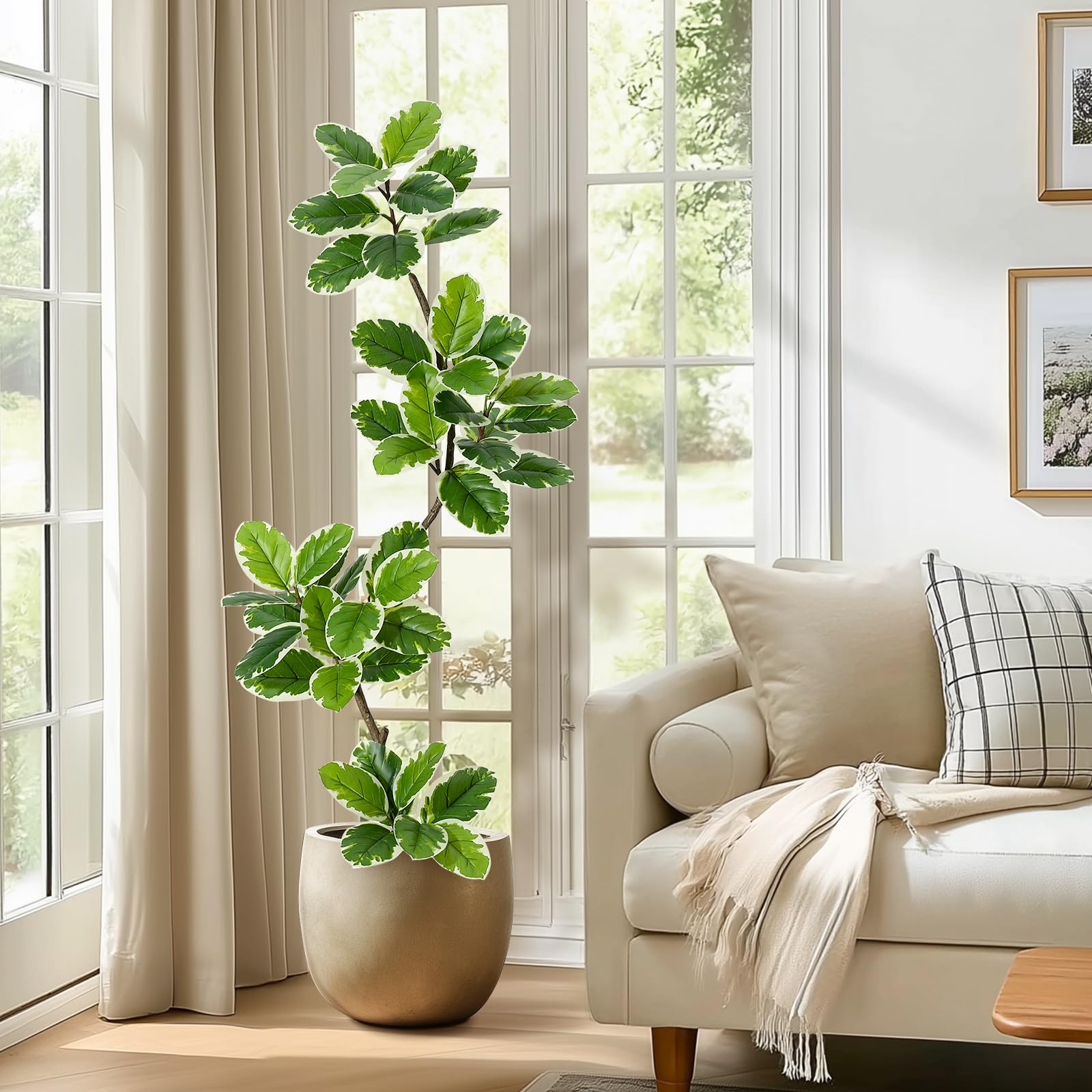 Ficus lyrata artificiel Garvee 1,5 m avec pot sphérique, vert, 47 feuilles, pour salon ou bureau