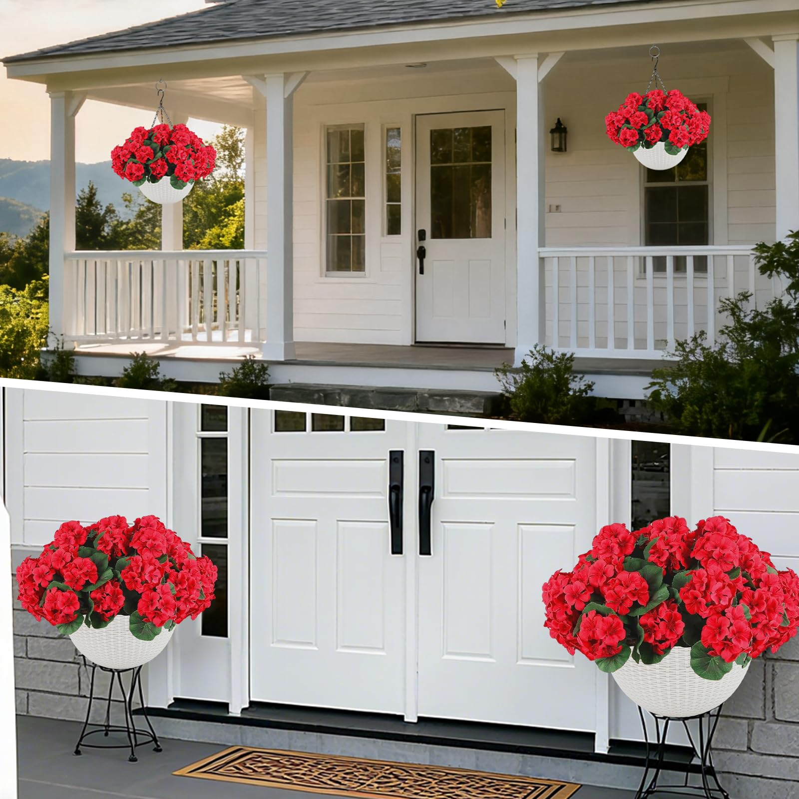 Garvee Ensemble de géraniums artificiels d'extérieur - 2 paniers suspendus avec 12 fleurs rouges pour jardin, terrasse, Noël, résistant aux intempéries et aux UV, en plastique