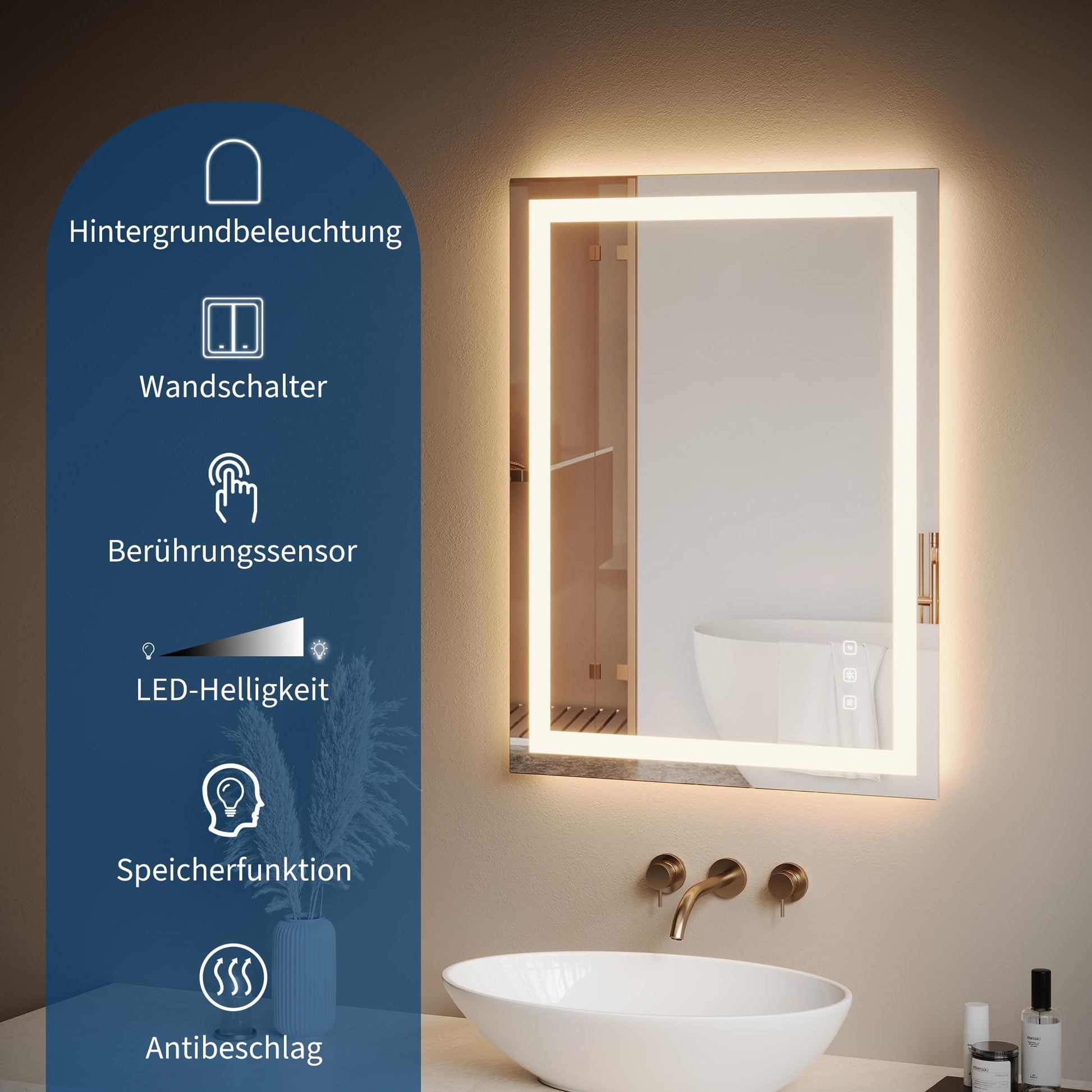 Miroir de salle de bain Garvee avec éclairage intégré, 60 x 80 cm, antibuée, 3 couleurs d'éclairage, LED à intensité variable, miroir mural de salle de bain avec interrupteur tactile.
