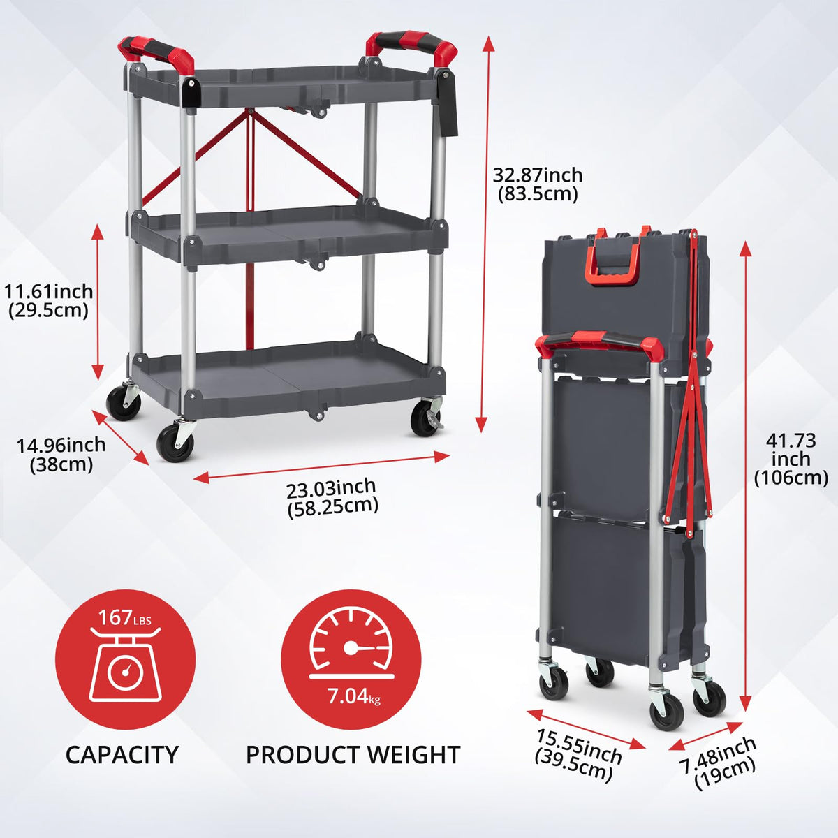 Garvee Chariot de service pliable à 3 niveaux - structure légère en aluminium, capacité de charge de 25 kg, gris