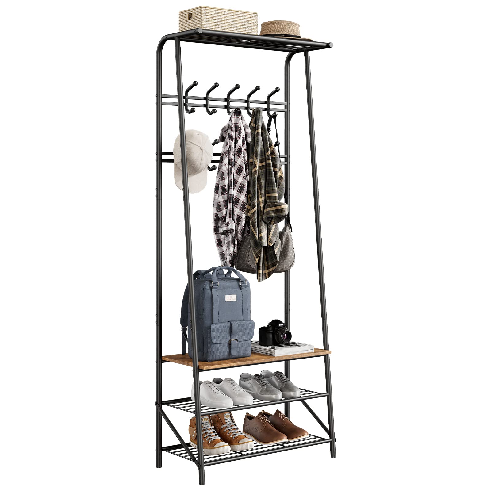 Banc d'entrée Garvee avec 10 crochets – Structure en métal, aspect bois, range-chaussures et siège 4 en 1 pour entrée et salon